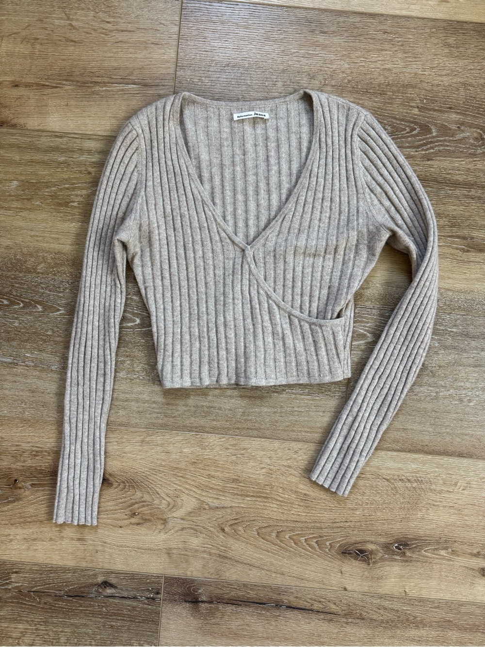 Reformation Cashmere Ribbed V-Neck Wrap Crop Sweater
